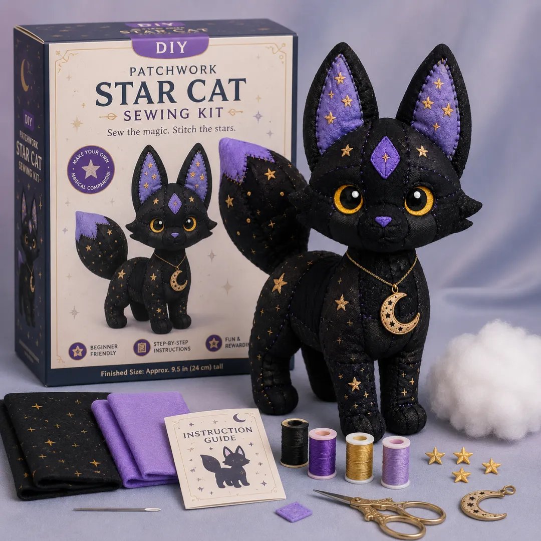 🐱Mystic Patchwork Animal Sewing Kit – DIY Plush Craft Kit with Starry Fabric, Moon Charm