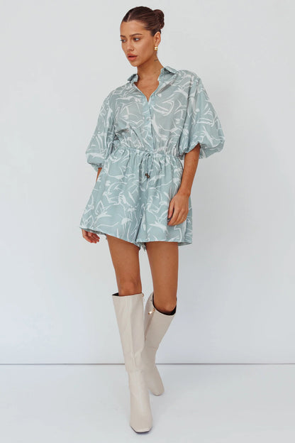 Tiki Puff Sleeve Drawstring Romper Print Sage