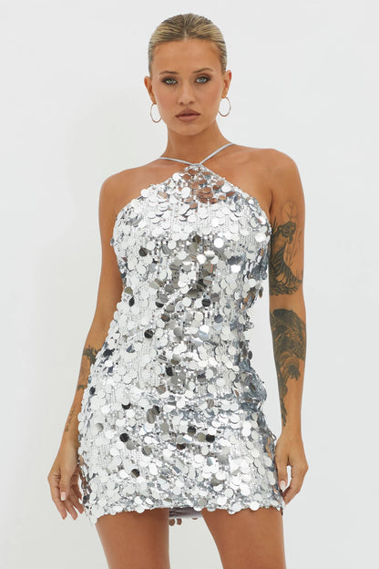 Champagne Twist Sequin Mini Dress Silver