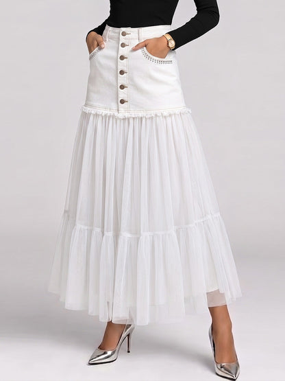 Women's High-waisted Loose-fit Casual Denim-paneled Skirt