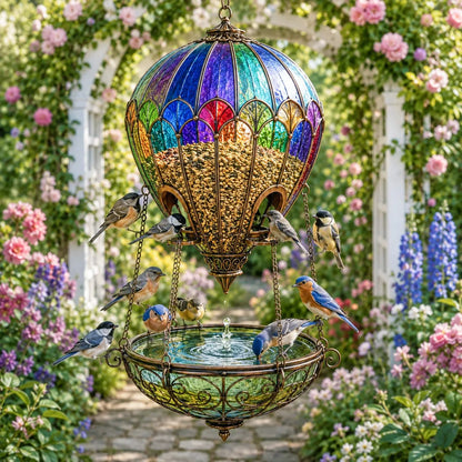 🌈 Stained Glass Hot Air Balloon Bird Feeder Fountain🐦