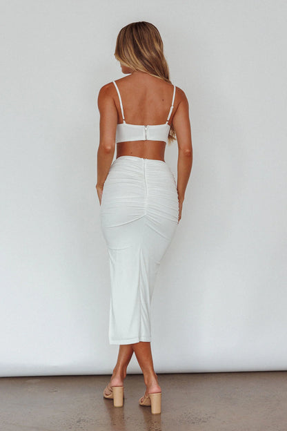 Mary Jane Gathered Bust Tie Back Midi Dress White
