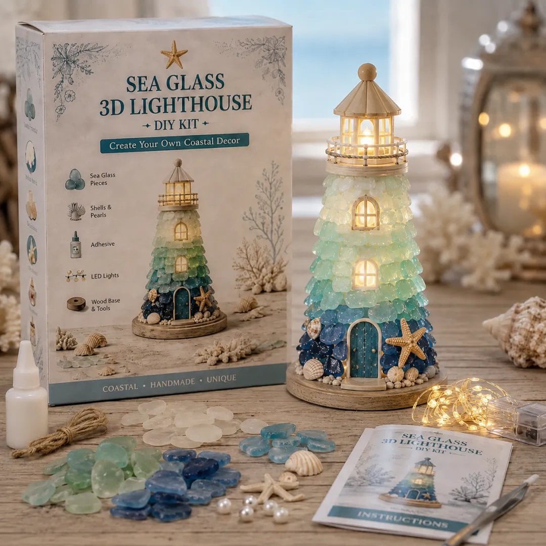 💙 DIY Sea Glass Lighthouse Kit – Light-Up Coastal Craft & Handmade Home Decor