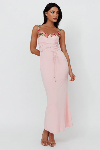 Rose Garden Floral Applique Laced Midi Dress Baby Pink