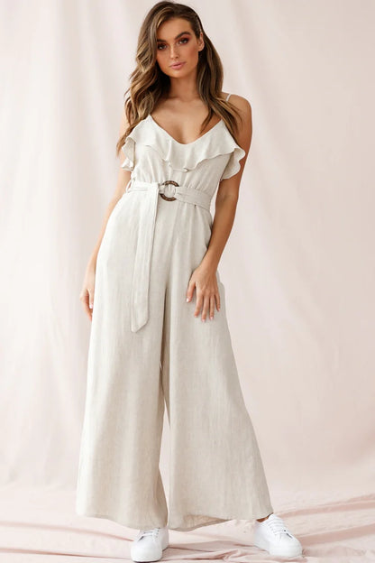 Mason Ruffle Neckline Wooden Buckle Belt Jumpsuit Natural