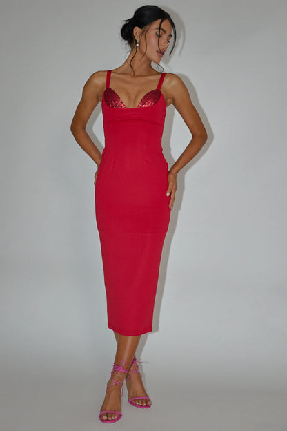 La Bellevilloise Sequin Bust Midi Dress Red