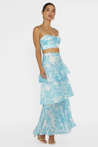 Veda Tiered Ruffle Maxi Skirt Floral Blue