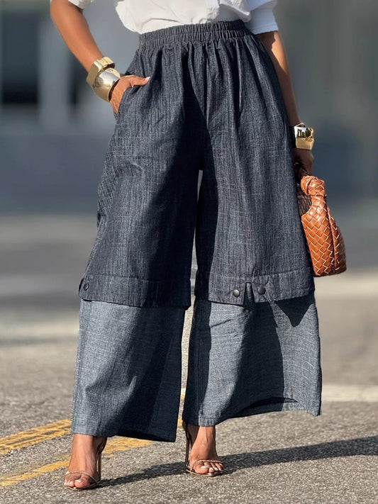 Women's Patchwork Color-blocked Wide-leg Jeans