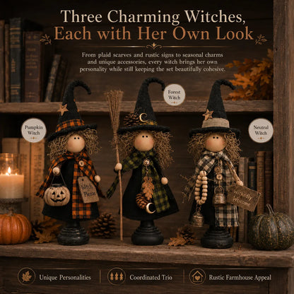 Rustic Halloween Witch Figurines, Set of 3 – Vintage Farmhouse Tabletop Decor