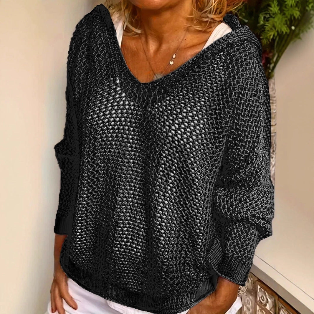Loose-fit open-knit hooded sun-protection cardigan