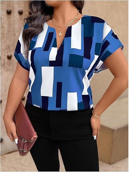 💥LAST DAY 49% OFF💥Women's Plus Size Color Block Shirt Blouse Short