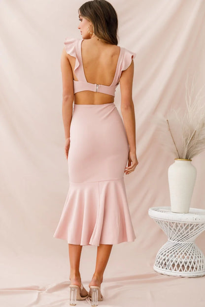 Jackie Wide Ruffle Hem Pinafore Midi Dress Blush