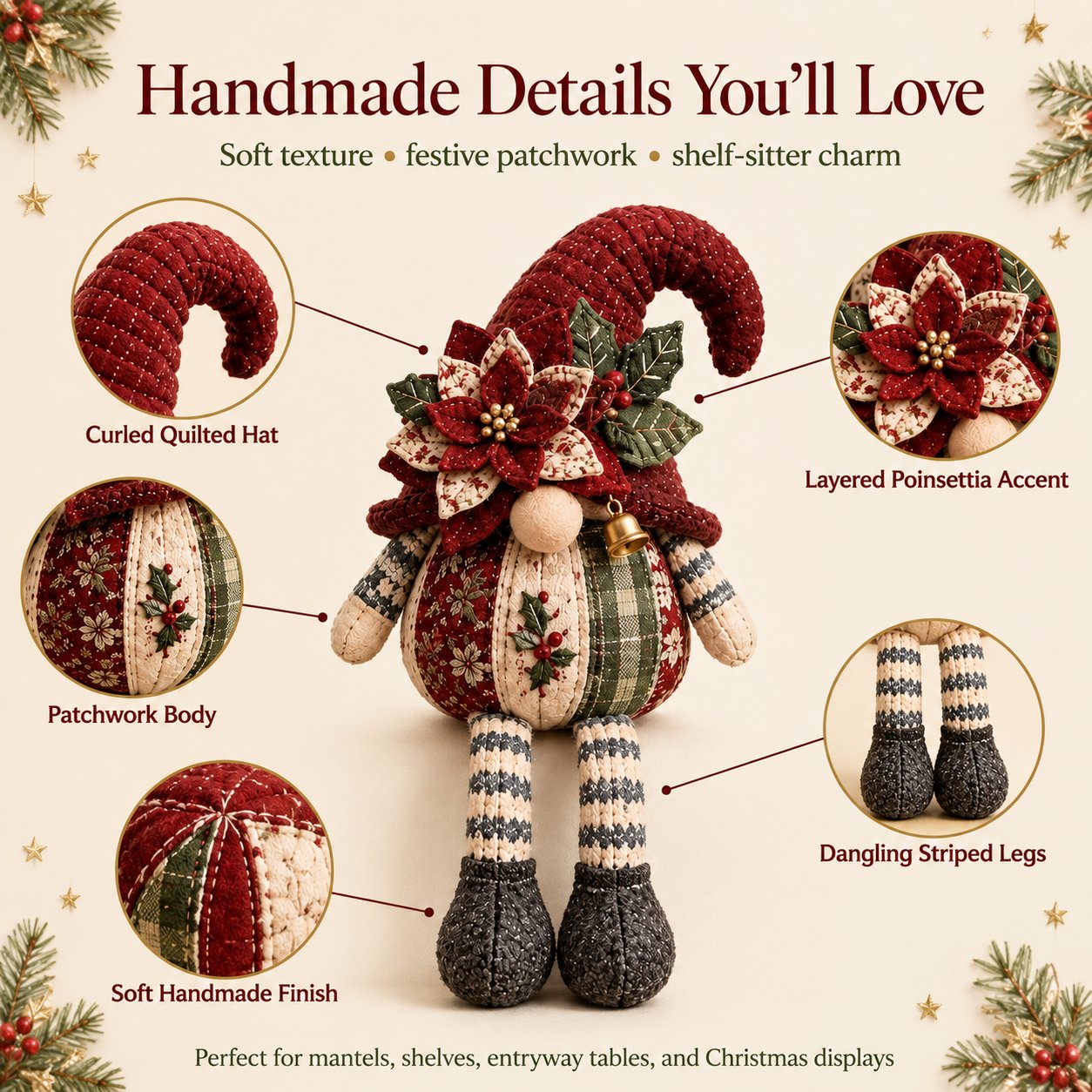 🎄Beginner-Friendly DIY Quilted Christmas Gnome Shelf Sitter Kit | Complete Kit with Coordinated Fabrics, Filling & Step-by-Step Guide Included 💕