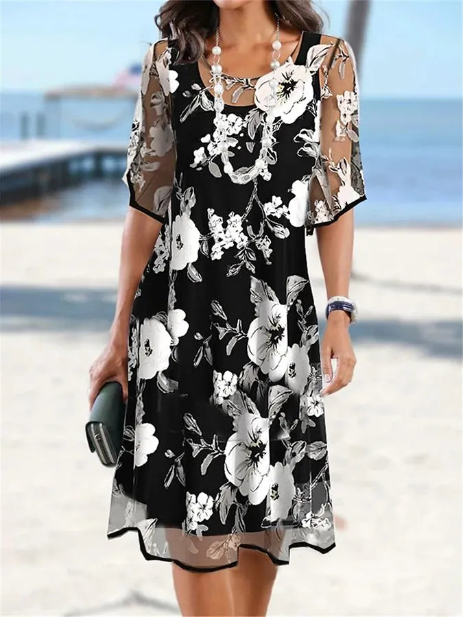 ✨ Women's A-Line Floral Dress — Double-Layer Chiffon, Elegant Print, Knee-Length Cut 👗