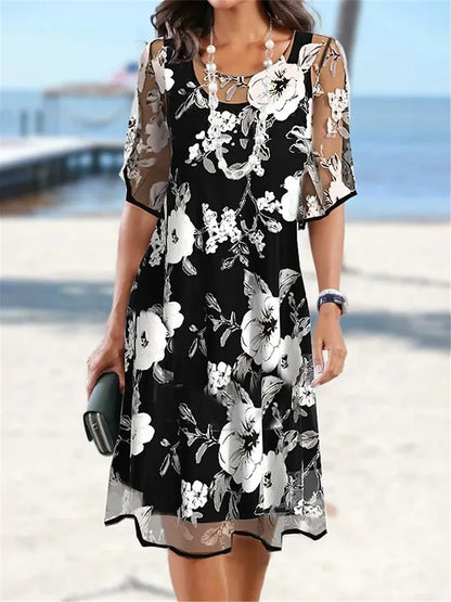 ✨ Women's A-Line Floral Dress — Double-Layer Chiffon, Elegant Print, Knee-Length Cut 👗