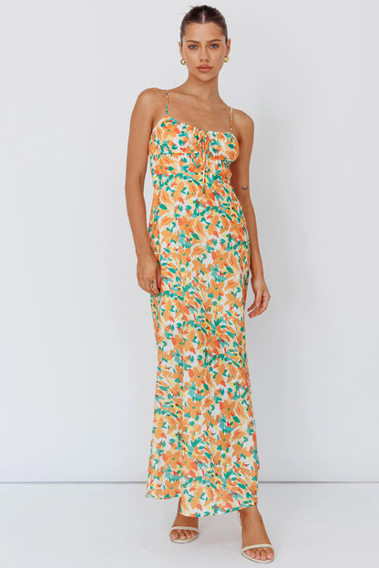 Solstice Noon Tied Bust Midi Dress Print Orange