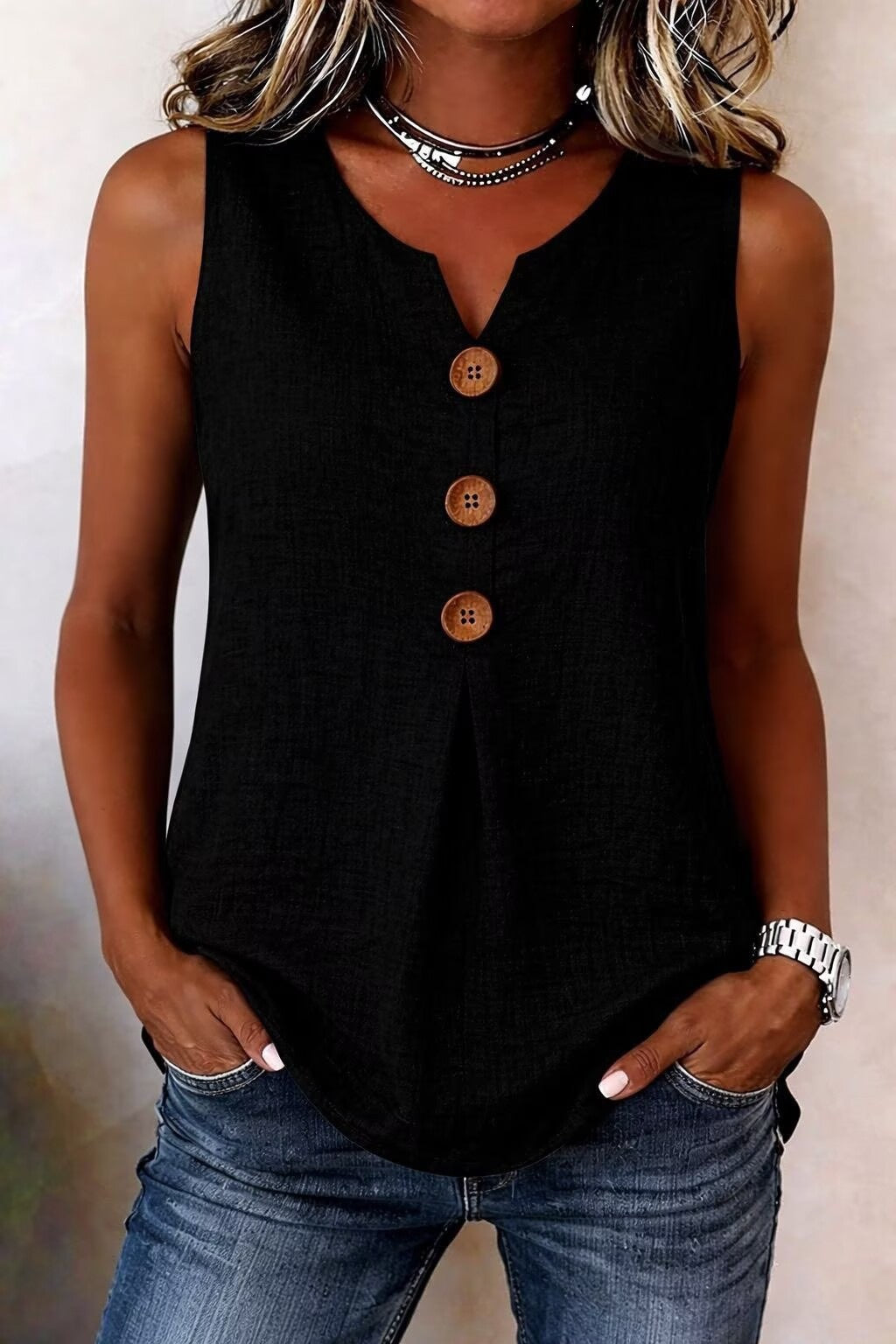 Women's Summer V-Neck Sleeveless Cotton-Linen Button-Down Top