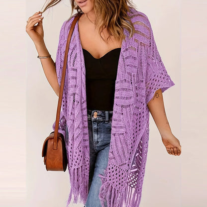 Women's Open-Front Knit Cover-Up with Tassel Fringe – Bohemian & Lightweight – Beach Essential