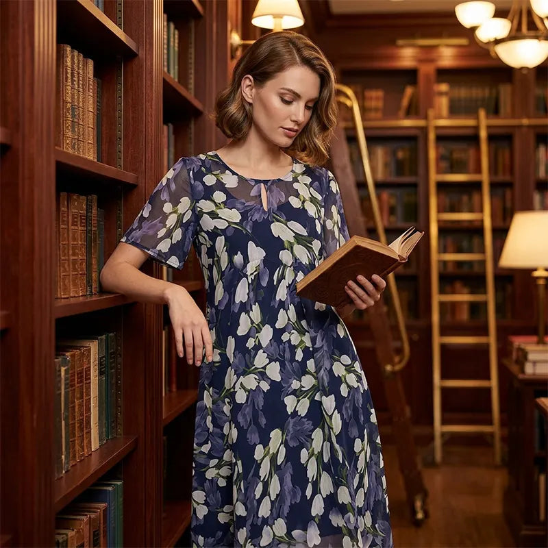 ✨ Women's A-Line Floral Dress — Double-Layer Chiffon, Elegant Print, Knee-Length Cut 👗