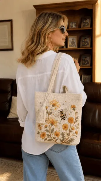 🐝🧶Handmade Crochet Bee/Hummingbird Embroidered Tote Bag🌼