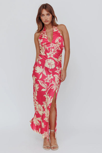 Brighter Days Halterneck Split Midi Dress Fuchsia