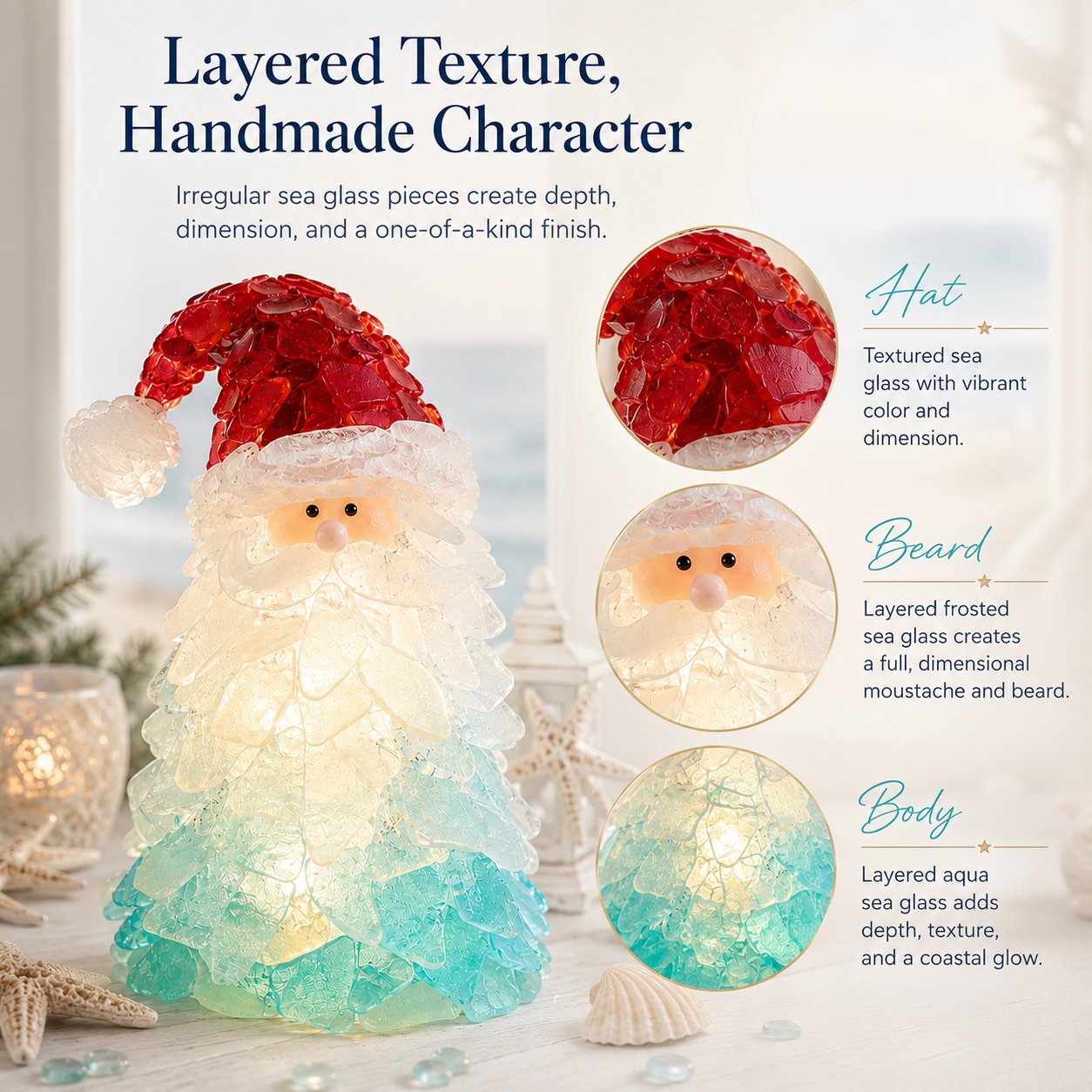 🎅DIY Lighted Sea Glass Santa Christmas Decor Kit | Complete Kit with Sea Glass Pieces, Warm Fairy Lights & Step-by-Step Guide Included 💕