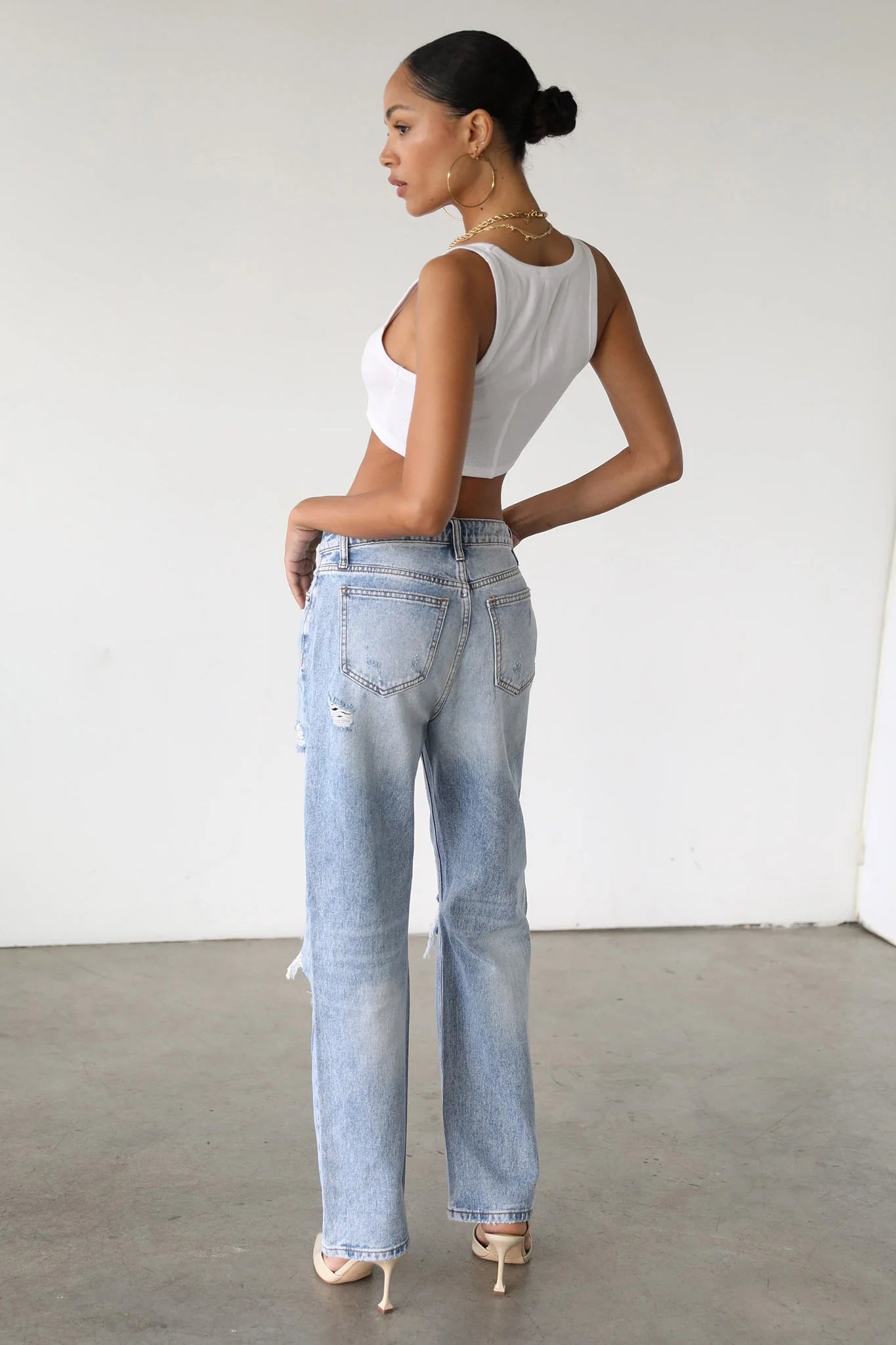 DOGMA High Rise Straight Leg Denim Jeans Distressed Light Wash