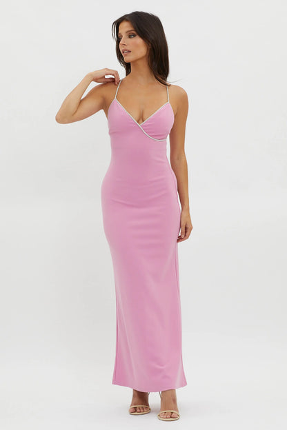 Harleigh Diamante Strap Tied Back Dress Pink