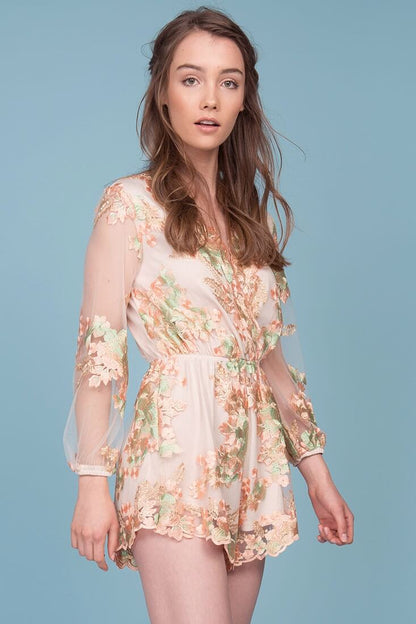 Emelia Embroidered Floral Romper Pink & Green