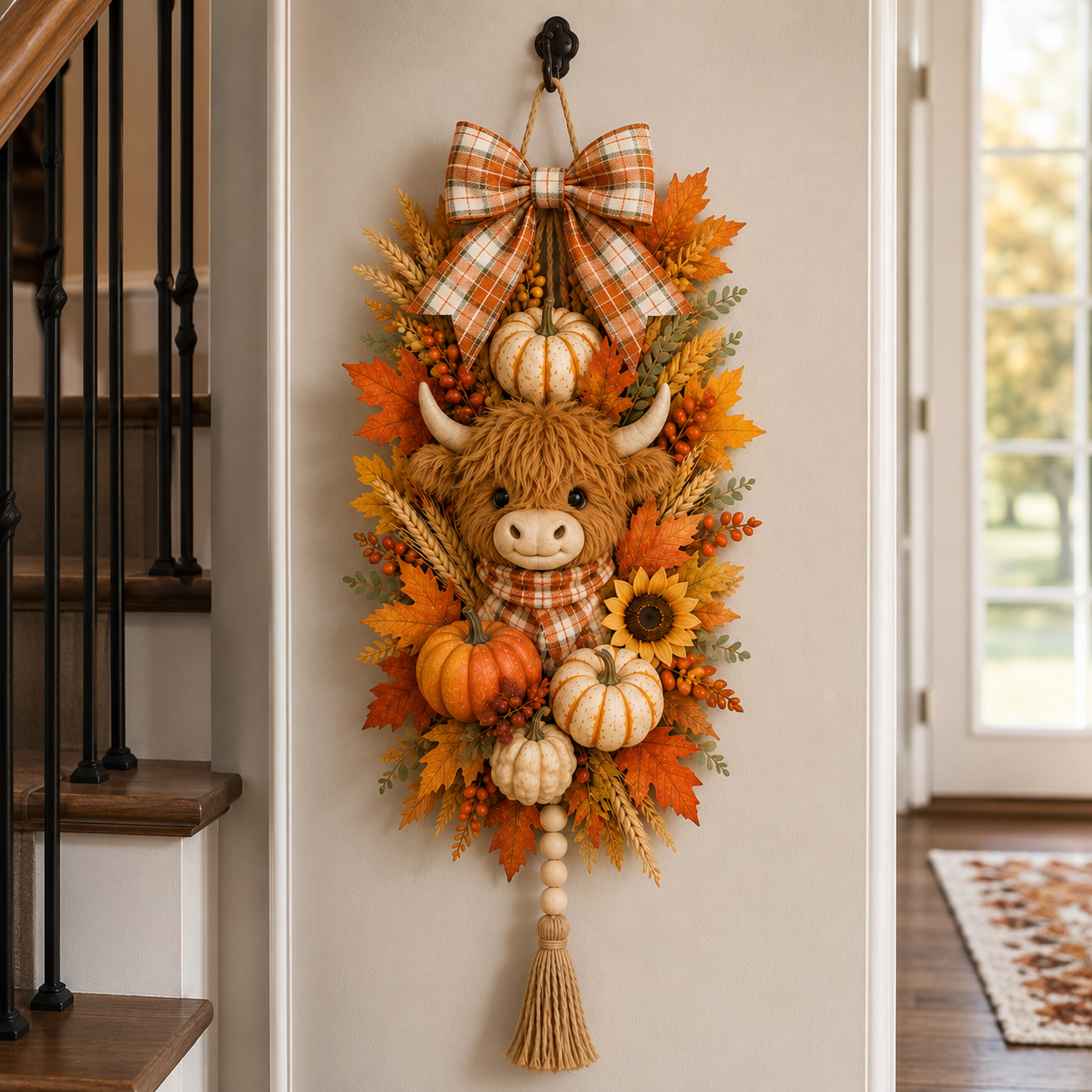 🐮🏡 Highland Cow Harvest Door Decoration with Warm Lights