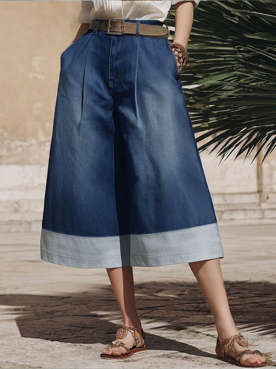 Casual Paneled Wide-leg 3/4-length Jeans