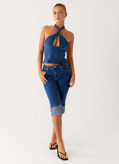 Saylor Halter Denim Top - Indigo
