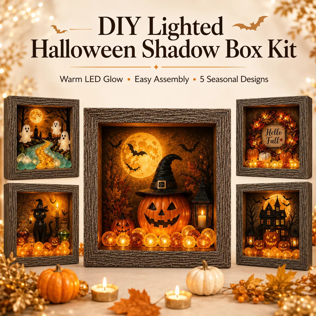 🎃DIY Lighted Halloween Shadow Box Kit – Warm LED Fall Decor & Easy Seasonal Craft