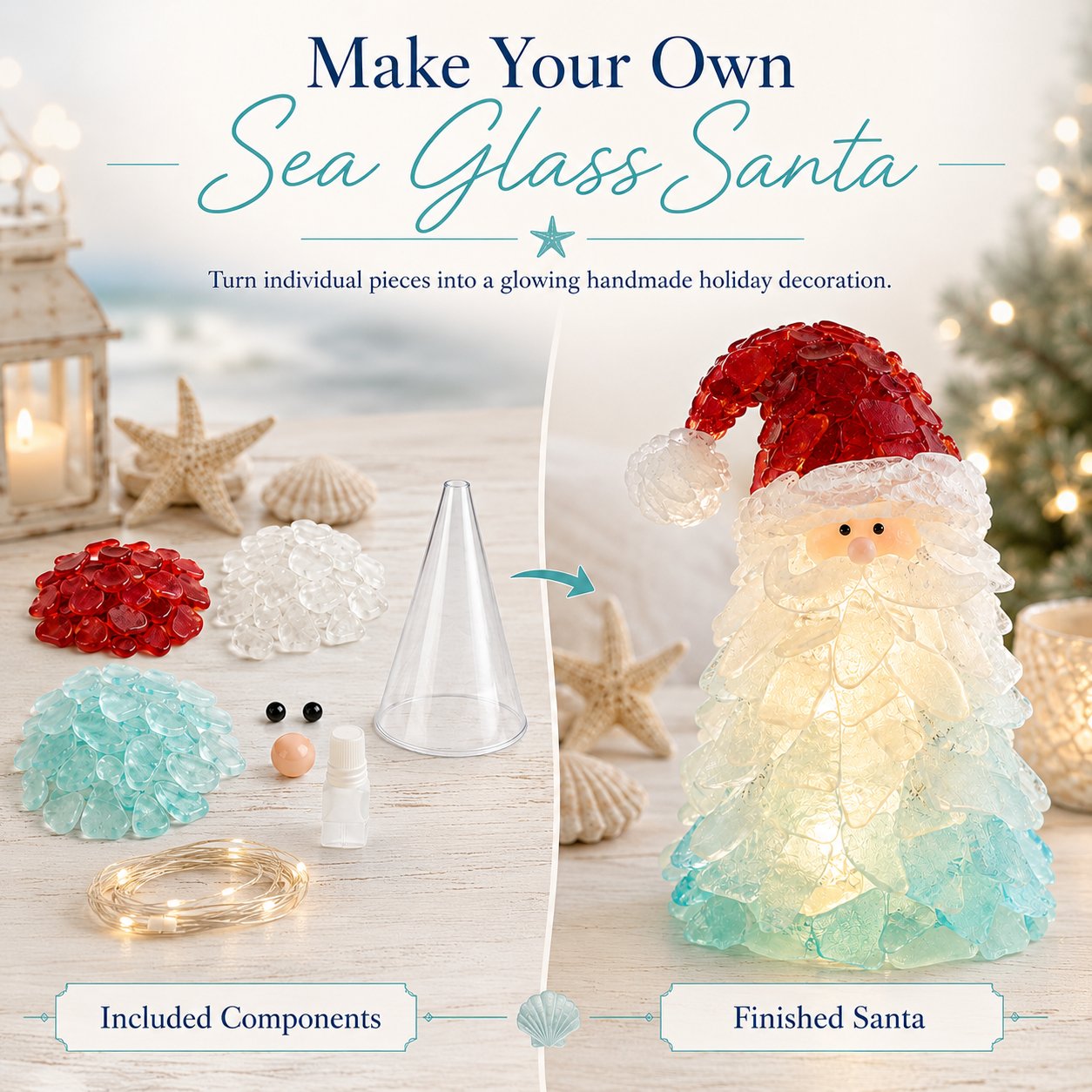 🎅DIY Lighted Sea Glass Santa Christmas Decor Kit | Complete Kit with Sea Glass Pieces, Warm Fairy Lights & Step-by-Step Guide Included 💕