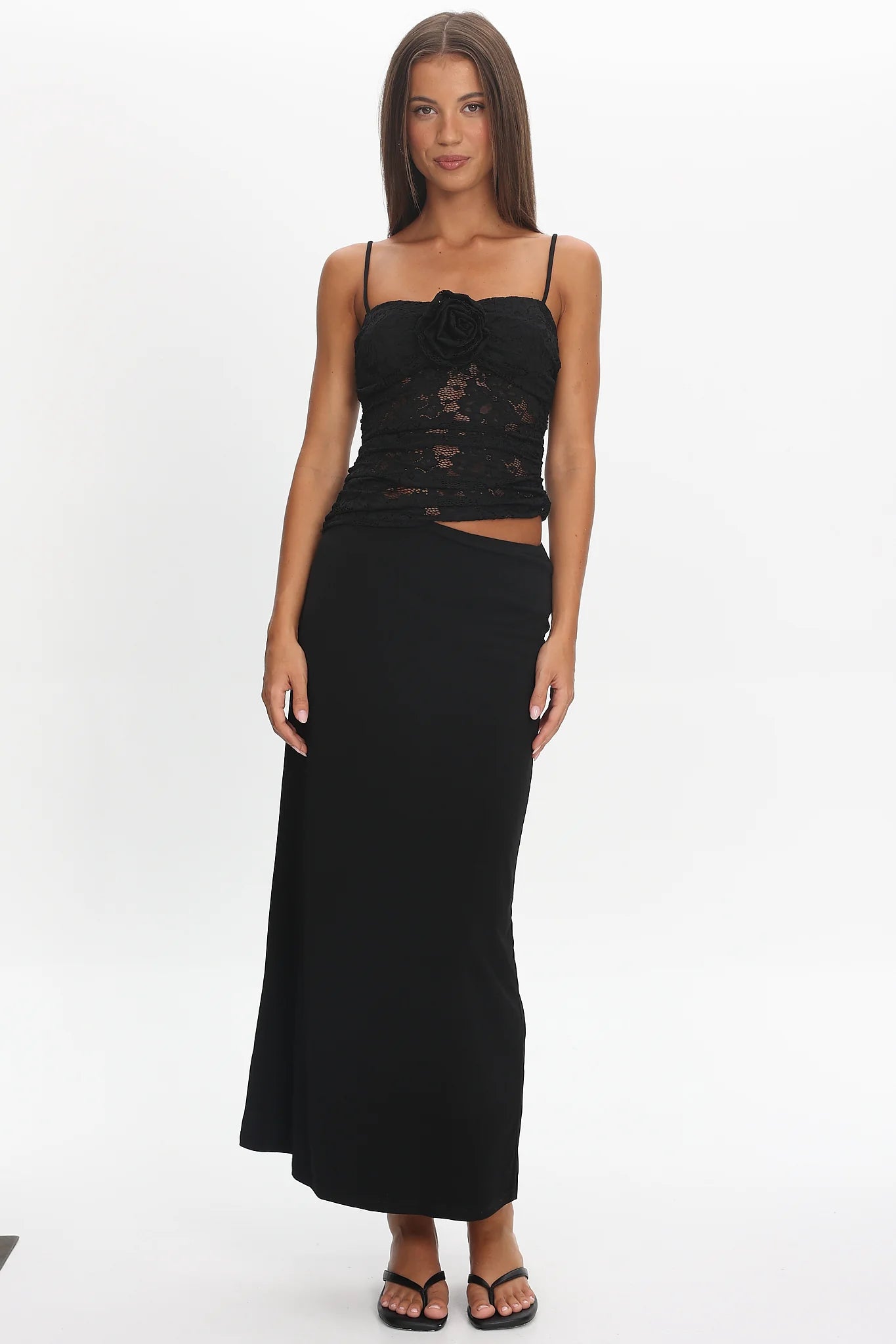 Lorely Lace Rosette Maxi Dress Black