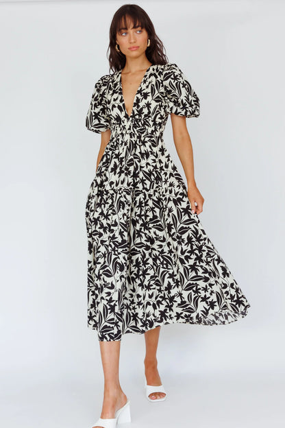 Summer Land V-Neckline Midi Dress Floral Beige