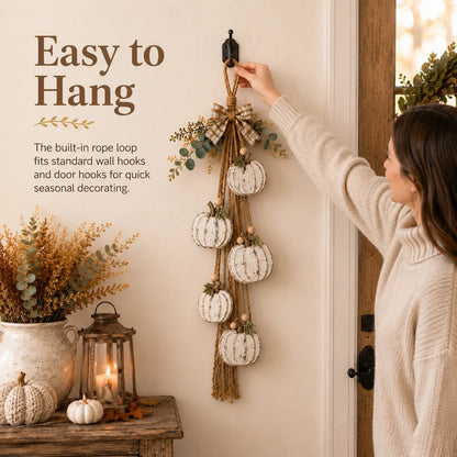 Rustic White Pumpkin Hanging Swag – 5-Pumpkin Fall Wall & Door Decor