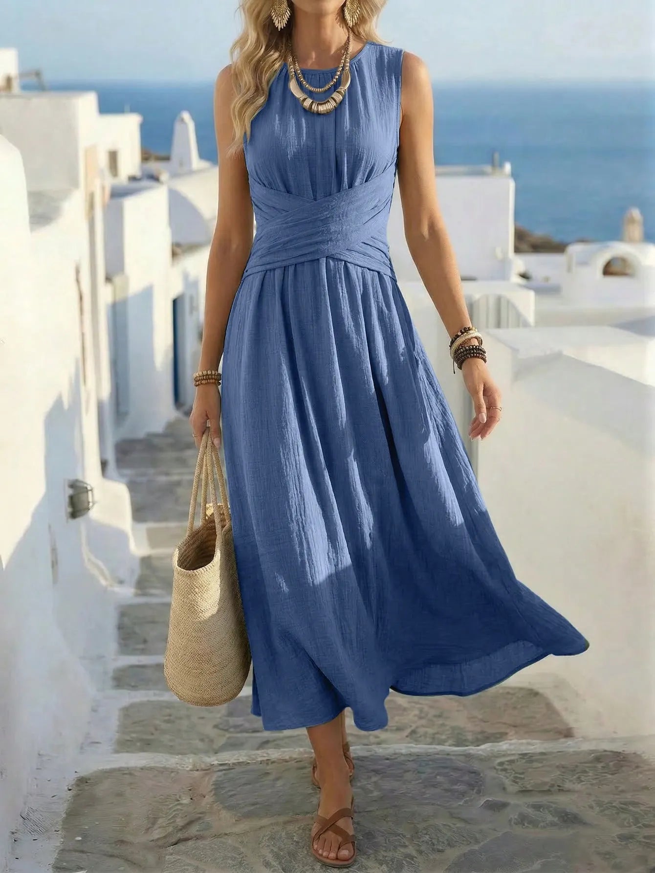 Sleeveless Long Dress, European and American Style, Waist-Cinched Dress, Full-Skirted Long Dress, Vacation and Casual Wear