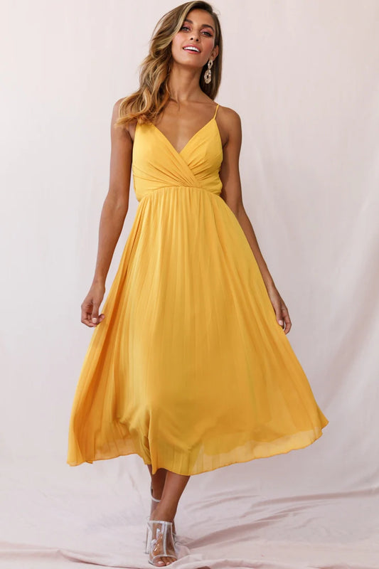 Artemis Accordion Pleat Strappy Back Midi Dress Mustard