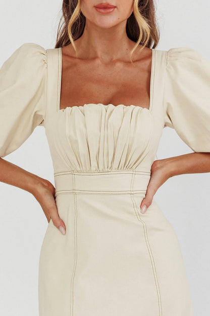 Sibille Puff Sleeve Contrast Stitch Dress Butter