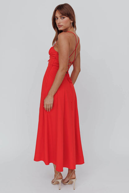 Euro Summer Split Hem Midi Dress Red