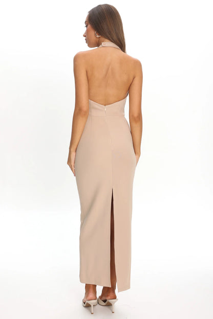 Goldfoil Halter Neck Maxi Dress Ecru
