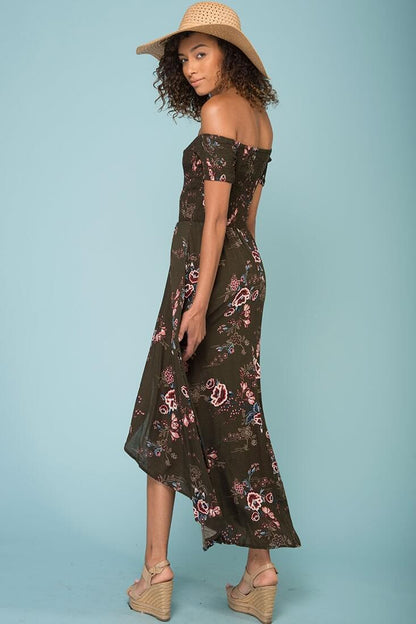 Summer Picnic Floral Print High Low Midi Dress Khaki