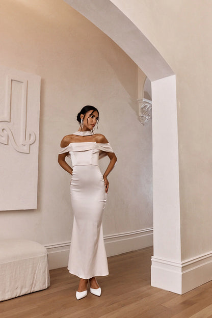 Eclipse Draped Sleeve Midi Dress Beige