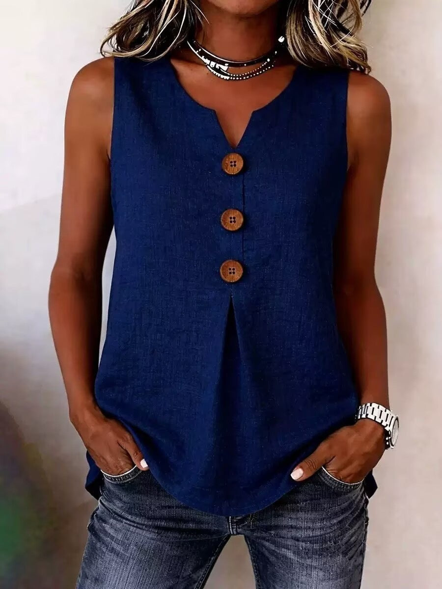 Women's Summer V-Neck Sleeveless Cotton-Linen Button-Down Top