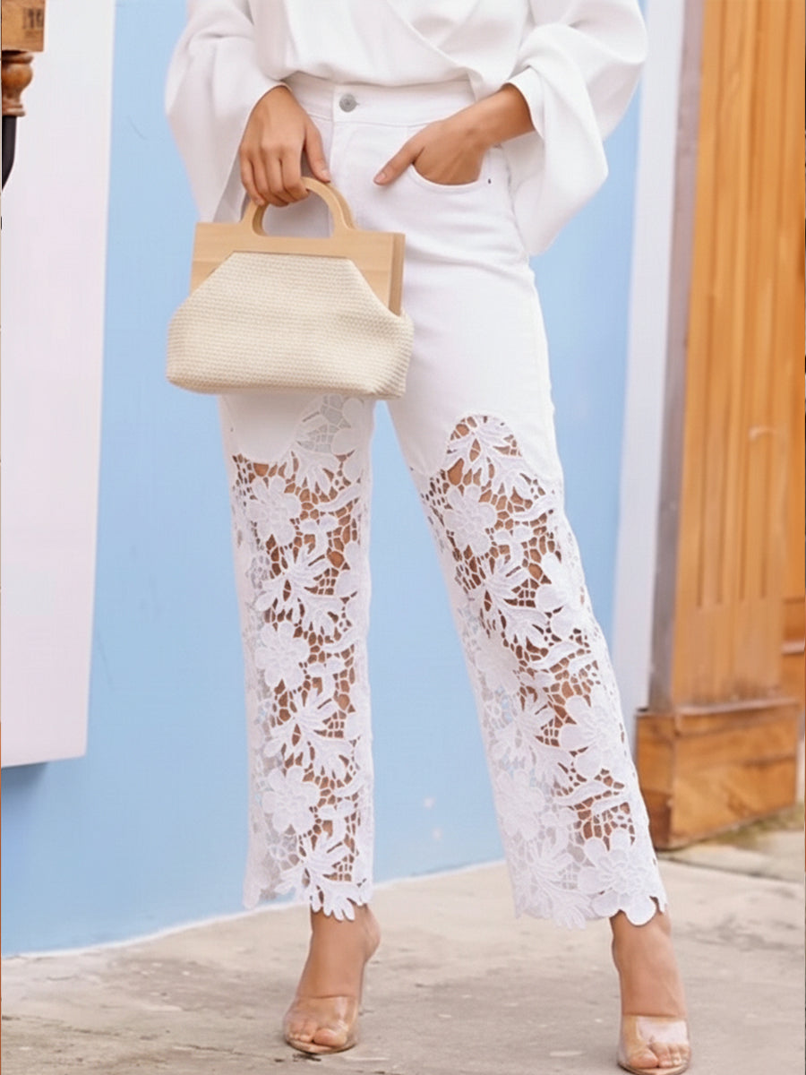 Fashionable And Casual Patchwork Hollowed-out Lace Jeans