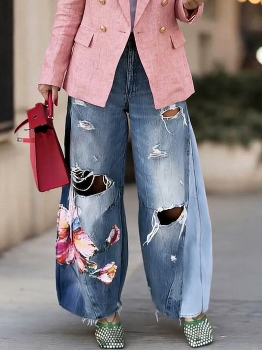 Stylish & Elegant Floral-print Loose-fit Ripped Jeans