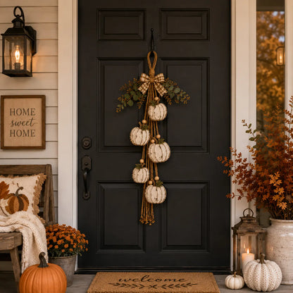 Rustic White Pumpkin Hanging Swag – 5-Pumpkin Fall Wall & Door Decor