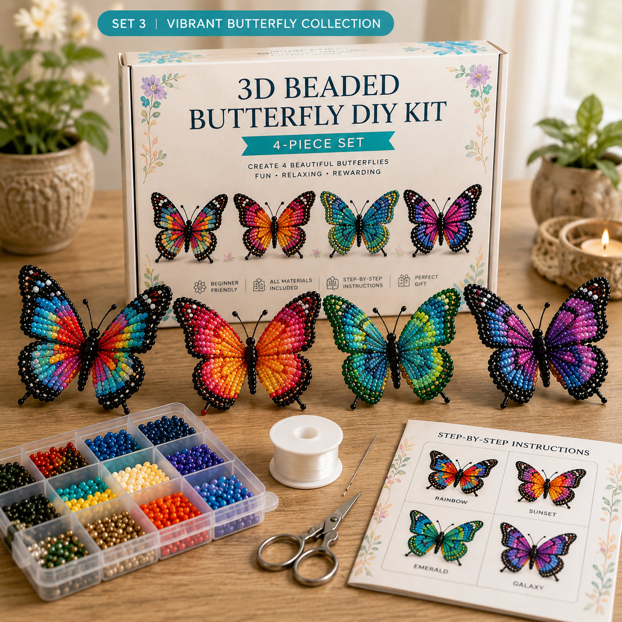 3D Beaded Butterfly DIY Kit – 4-Piece Butterfly Craft Set