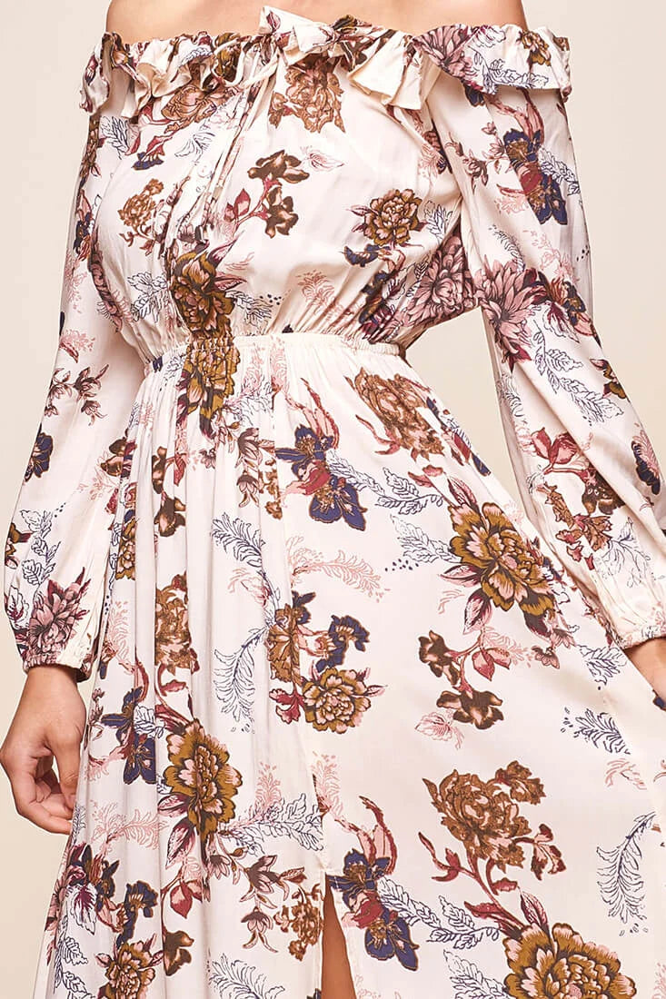 Tatiana Bardot Frill Neckline Maxi Dress Mocha
